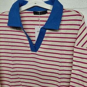 Zesica Collar V-neck Womens LARGE Stripe Long Sleeve Pink White Blue Y2K Coastal